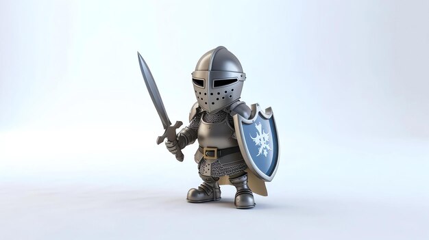 A cartoon knight in full armor is standing in a heroic pose He is holding a sword and shield and his helmet is closed