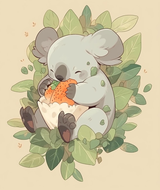 cartoon koala bear eating a piece of carrot in the bushes generative ai