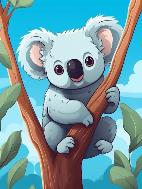 Cartoon koala bear sitting on a tree branch with leaves generative ai