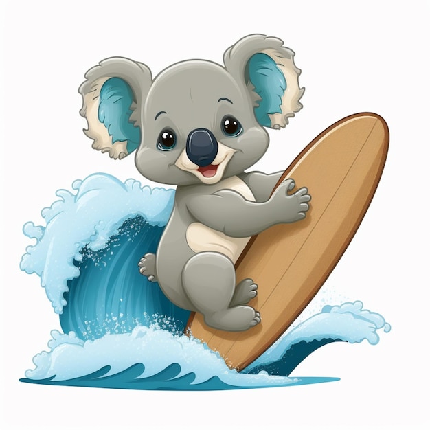 cartoon koala bear surfing on a wave with a surfboard generative ai