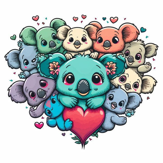 cartoon koala bear with heart surrounded by many other cute animals generative ai