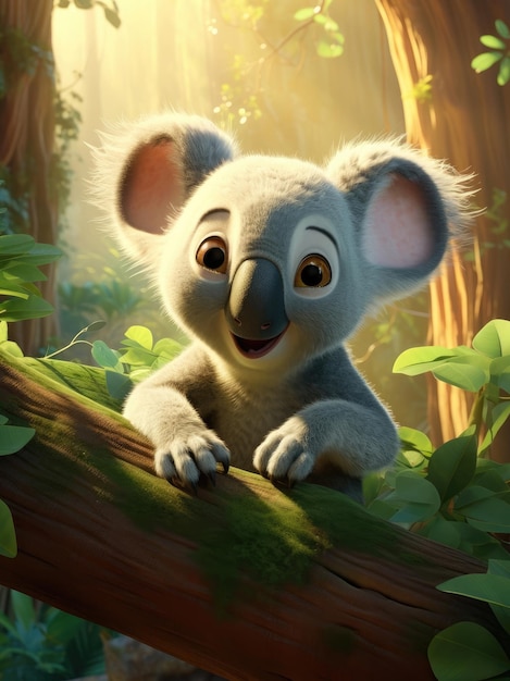 Cartoon koala in het zomerse eucalyptusbos op een zonnige dag