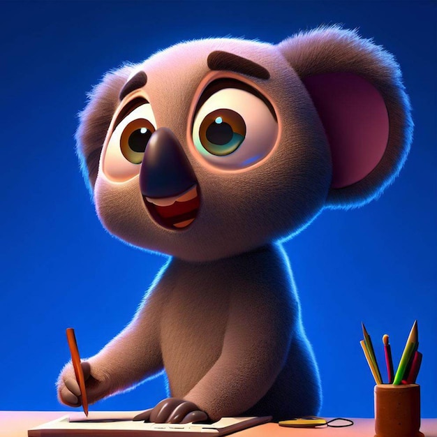 A cartoon koala is drawing on a piece of paper