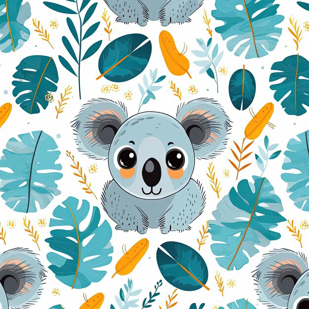 Photo cartoon koala in jungle leaves seamless pattern in the style of light azure and dark amber