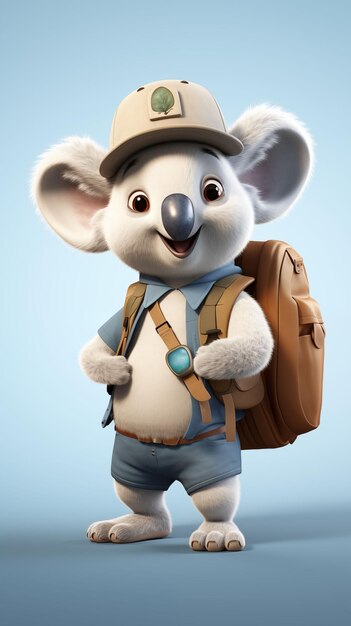 Photo cartoon koala wearing a hat and carrying a backpack in a playful and adventurous pose generative ai