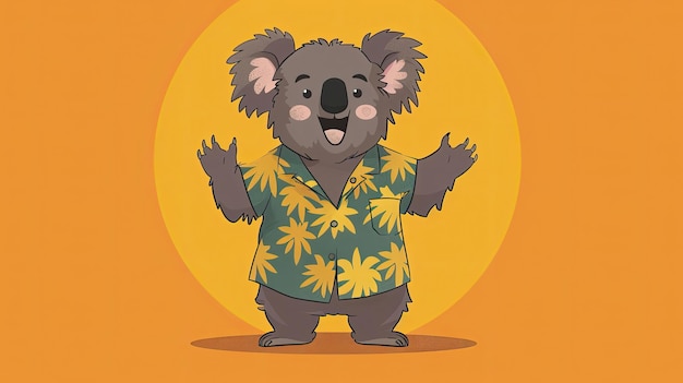 A cartoon koala wearing a Hawaiian shirt is smiling and waving