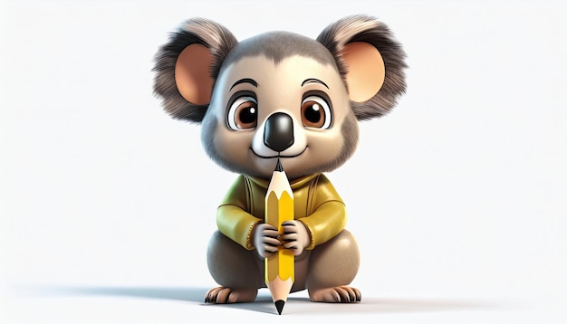 A cartoon koala with a pencil on its head sits