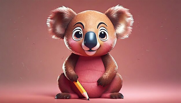 A cartoon koala with a pencil on its head sits