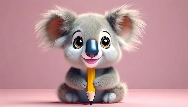 A cartoon koala with a pencil on its head sits