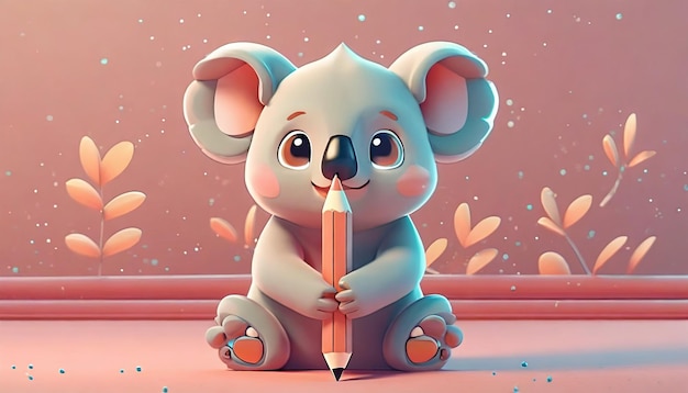 A cartoon koala with a pencil on its head sits