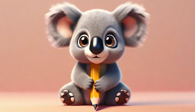 A cartoon koala with a pencil on its head sits