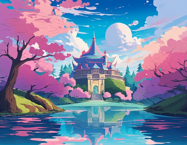 Cartoon komische stijl roze bloemen bomen en fantasie kasteel illustratie achtergrondbehang