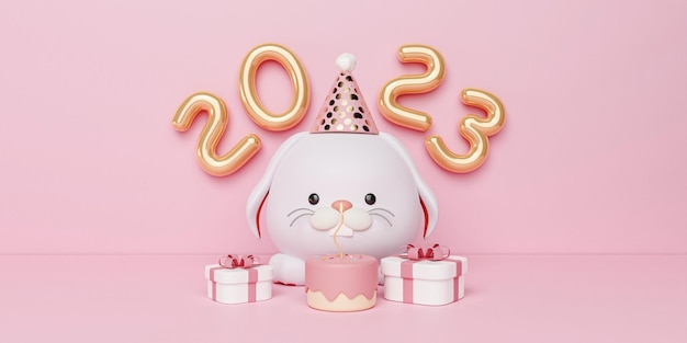 Cartoon konijn zittend op de vloer surround met cake en geschenkdoos op roze achtergrond Happy the year of rabbit 2023 3D Render illustratie