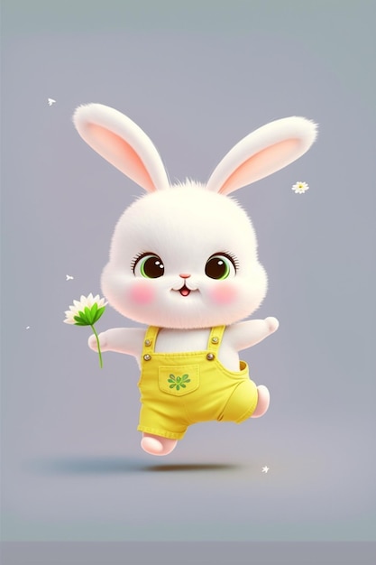 Cartoon konijntje met bloem in de hand met generatieve ai