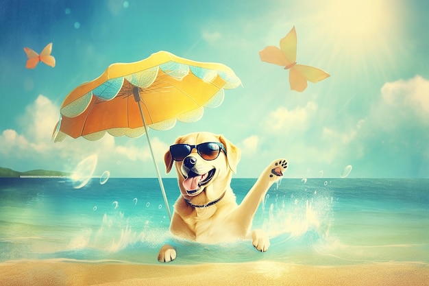 cartoon Labrador retriever hond met zonnebril en paraplu op het strand zomer behang