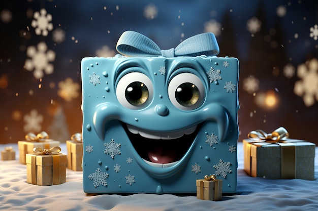Cartoon lachende blauwe geschenkdoos met een strik met sneeuwvlokken Vakantiegeschenken gegenereerd AI
