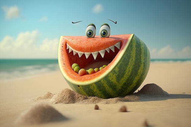 Cartoon lachende gekke watermeloenen op het strand