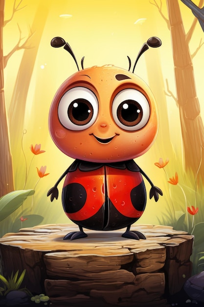 A cartoon lady bug standing on a tree stump