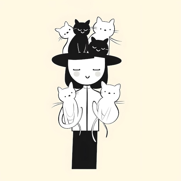 Cartoon lady with cats in isolated background