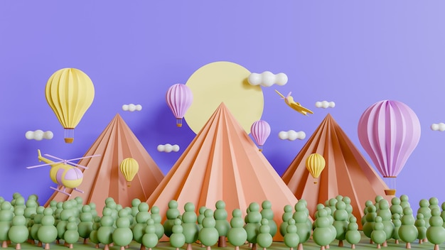 漫画の風景の背景に山、かわいい木、熱気球、飛行機、ヘリコプター