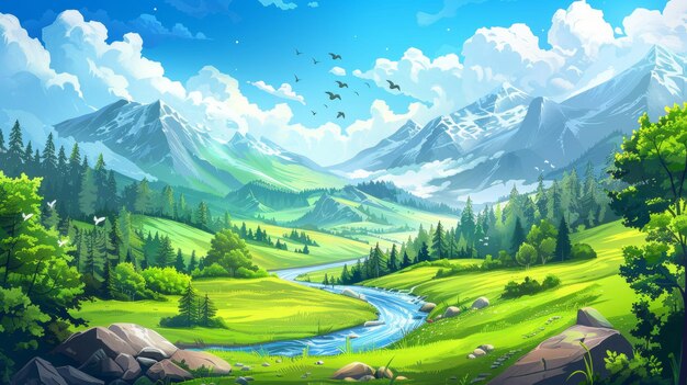 Карикатурный пейзаж пышных зеленых лугов рек гор елей под голубым облачным небом с птицами, летающими в небе современная иллюстрация с пышными зелеными полями