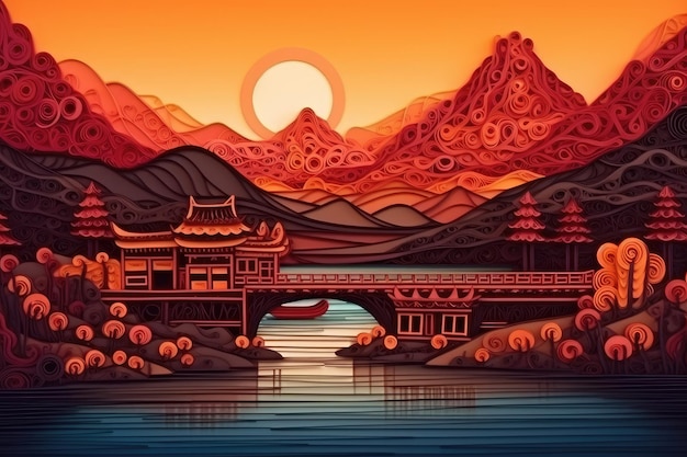 A cartoon landscape with a bridge and mountains in the background