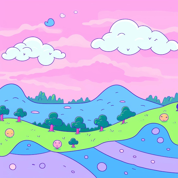 Photo cartoon landscape with hills and trees and a river generative ai