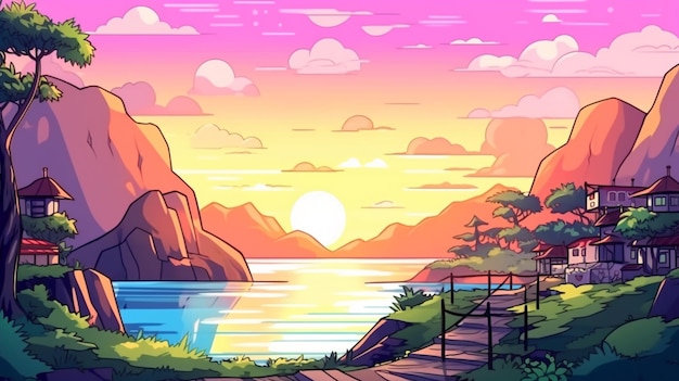 A cartoon landscape with a lake and mountains in the background.