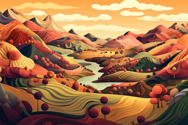 A cartoon landscape with a lake and mountains in orange and yellow colors