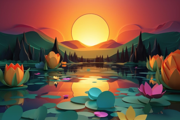 A cartoon landscape with a lake and a sunset in the background.