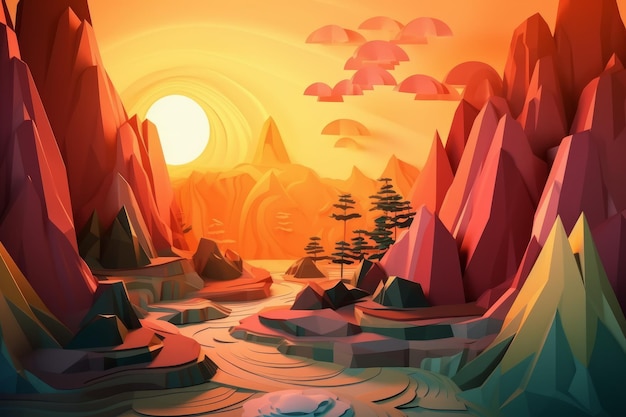 A cartoon landscape with mountains and a sunset.