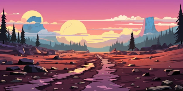 A cartoon landscape with a stream running through it ai