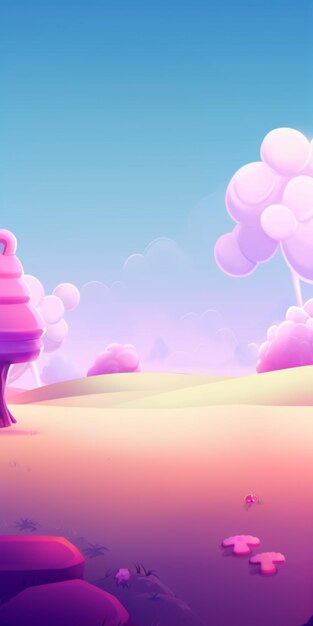 Photo cartoon landscape with a tree and a pink cloud generative ai