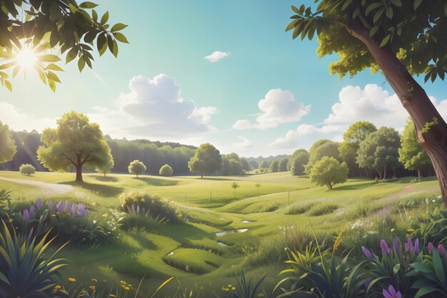 a cartoon landscape with trees and flowers