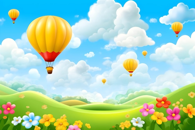 Cartoon landschap met groene weide blauwe lucht bloemen en ballonnen