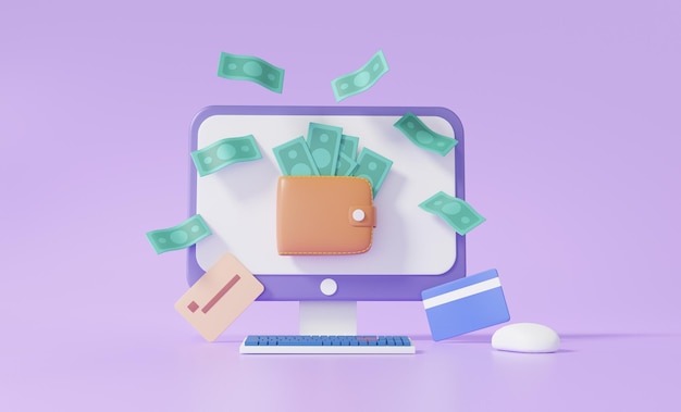 Фото Мультяшный макет ноутбука с денежным переводом кошелька, плавающим на фиолетовом фоне концепция онлайн-платежей бизнес-финансы инвестор стоимость покупок электронная коммерция 3d визуализация иллюстрации