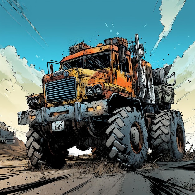 мультфильм о большом грузовике, движущемся по грунтовой дороге.