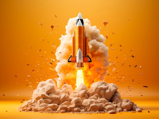 Cartoon launched rocket on orange background Generative AI