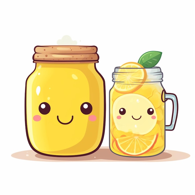 Photo cartoon lemonade in jar and glass on white background