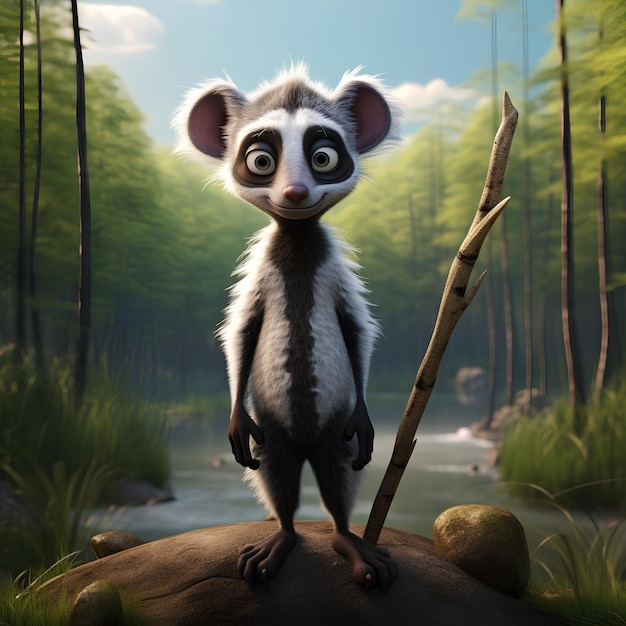 Cartoon Lemur Is Standing Up and Looking