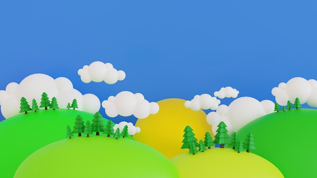 Cartoon lente zomer landelijke landschap weide en berg met blauwe lucht en cloud 3D-rendering