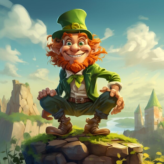 Cartoon Leprechaun die met een stok de hand zwaait