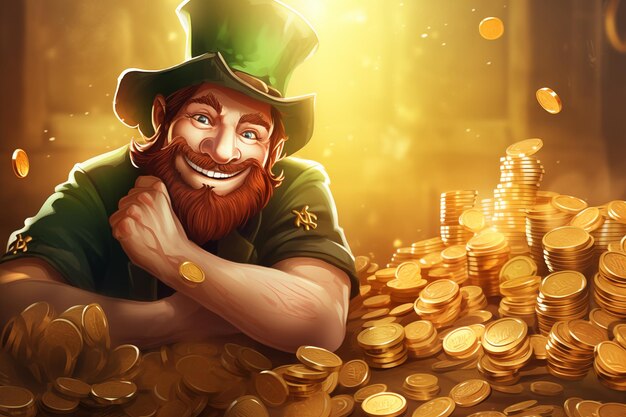 A cartoon Leprechaun St Patricks Day character amongst gold coins