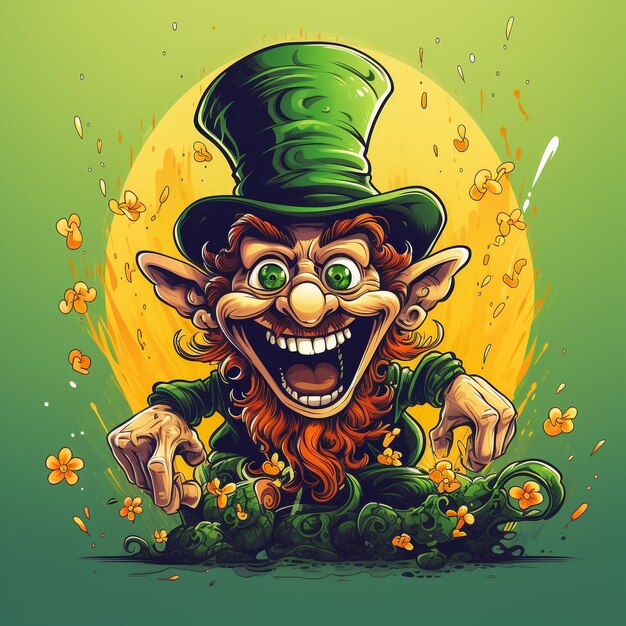 Cartoon Leprechaun waving hand with holding a stick