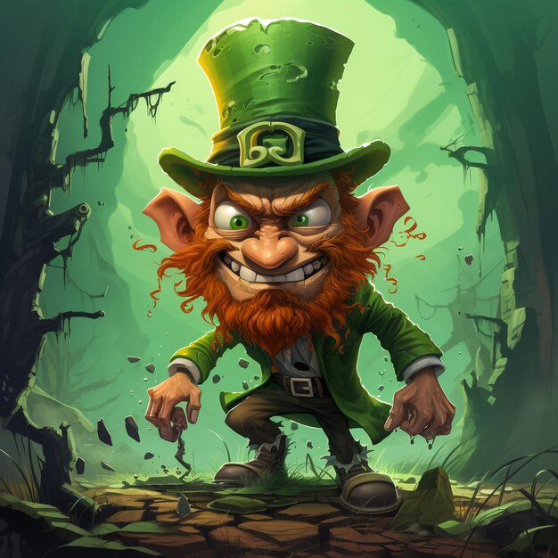 Cartoon Leprechaun waving hand with holding a stick