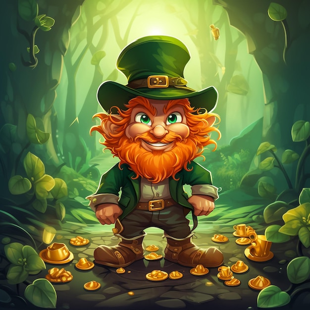 Cartoon Leprechaun waving hand with holding a stick