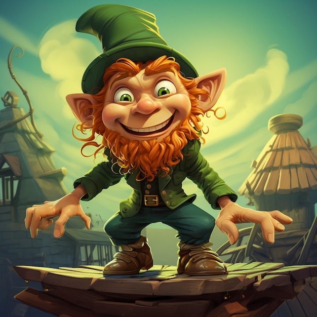 Cartoon Leprechaun waving hand with holding a stick