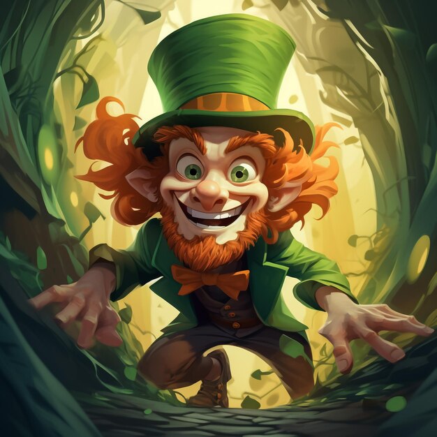 Cartoon Leprechaun waving hand with holding a stick