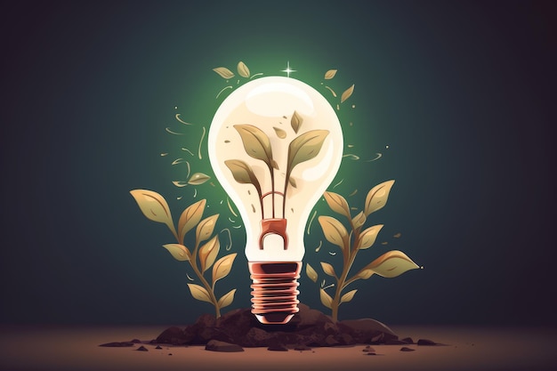 Cartoon Light Bulb with Growth Sprout of Ideas AI generated