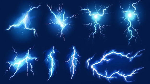 Photo cartoon lightning animation animated frames of electric strike magic electricity hit and thunderbolt effect illustration set game asset collection of blue glowing storm bolts